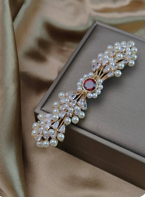 Pearl Hair Barrette Clip with Red Rhinestone - Pearl and Crystal Bridal Hair Clip